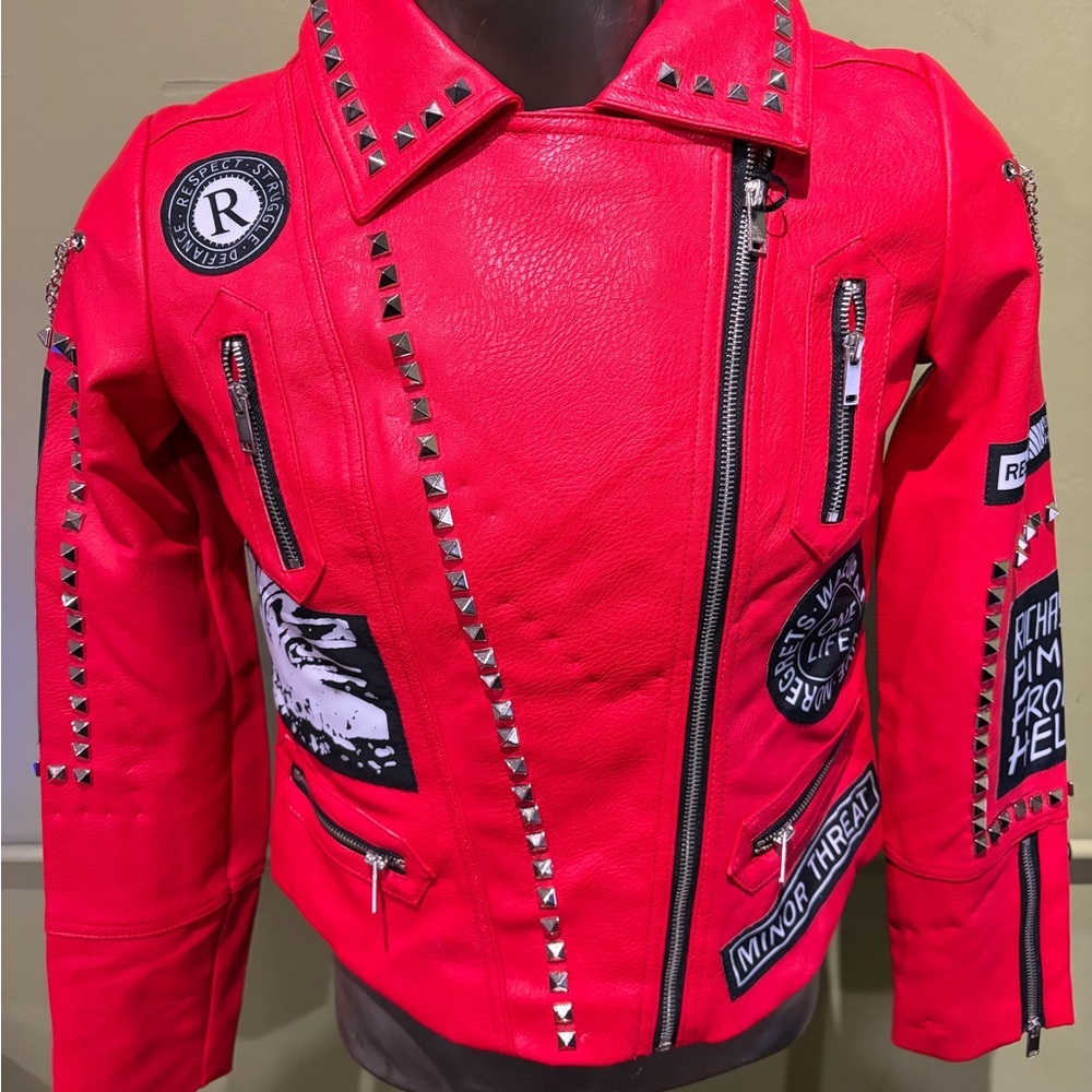 Robert Phillipe women Red Studded Biker Jacket with Patches vegan leather